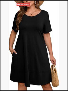 Plus Size Midi Dress with Pockets A-Line Short Sleeve Sun Dress